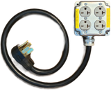 Adapter #128 50A 240v 3.5ft. cable NEMA 14-50 to two duplex outlets, accepts 6-15 and 6-20 plugs