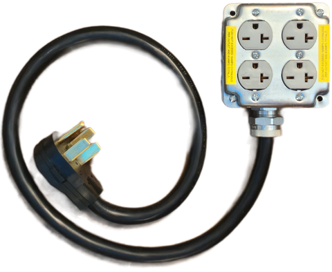 Adapter #128 50A 240v 3.5ft. cable NEMA 14-50 to two duplex outlets, accepts 6-15 and 6-20 plugs