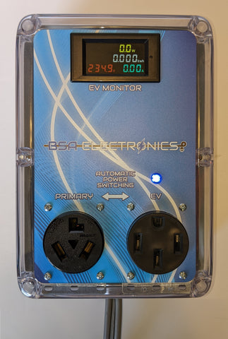 Dryer Buddy® Plus AUTO #4 Custom 30A 2-way switcher, 5' 10-30 plug cable (before 1996) to one 10-30 and one 14-50 outlets with kWh/Watt/Volt/Amp meter