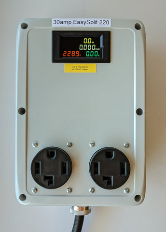 EasySplit 220™ #2 30A 240v Splitter 5ft. cable NEMA 14-30 (1996+), two 14-30 outlets with kWh/Watt/Volt/Amp meter